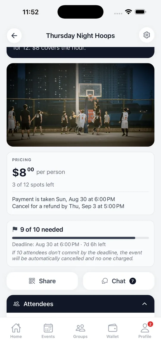 An event showing 9 of 10 needed, with a deadline and an automatic-cancellation notice.