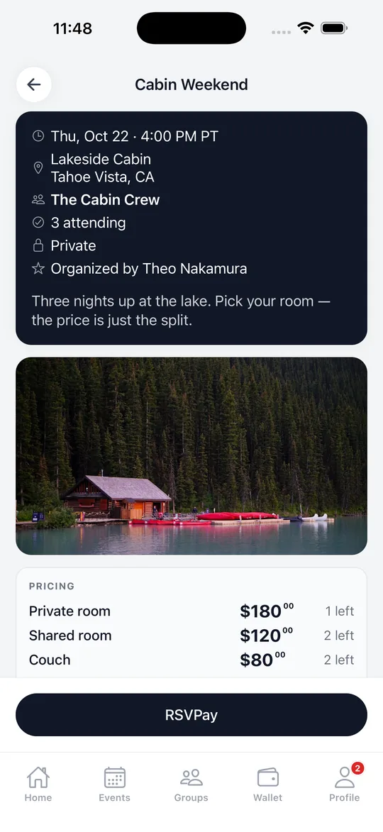 A cabin weekend priced by room: private room $180, shared $120, couch $80.