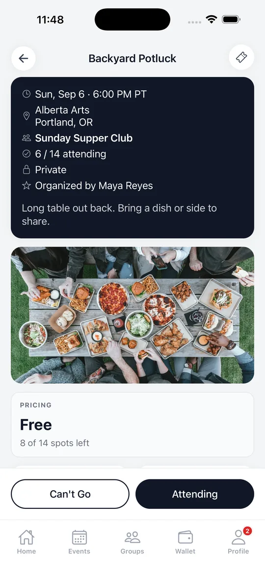 A free potluck event with a bring list.