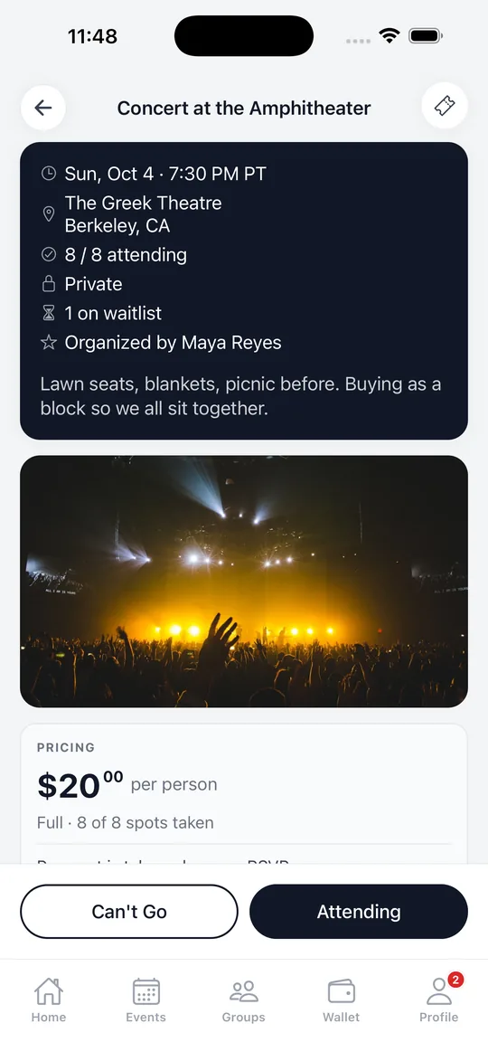 An RSVPay event: Concert at the Amphitheater, $20 per person, 8 of 8 attending with one on the waitlist.