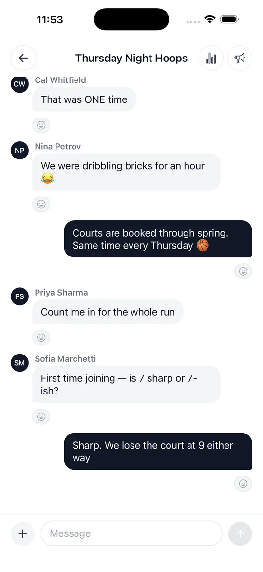 Event chat with messages from several attendees.