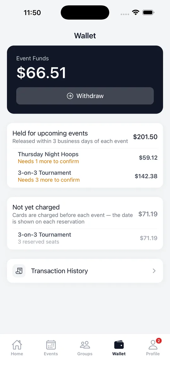Organizer wallet showing funds held for upcoming events and a withdraw button.