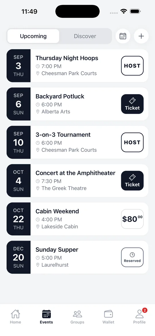 A list of upcoming events with dates and ticket status.